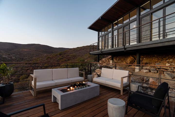 Evening on the terrace, the hills going violet